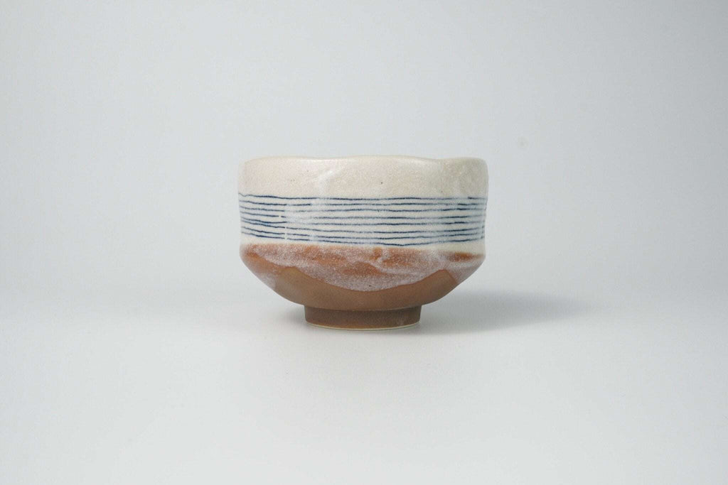 Mini Chawan with Blue Stripe Design — Matcha Tea Bowl Yamada Chaya