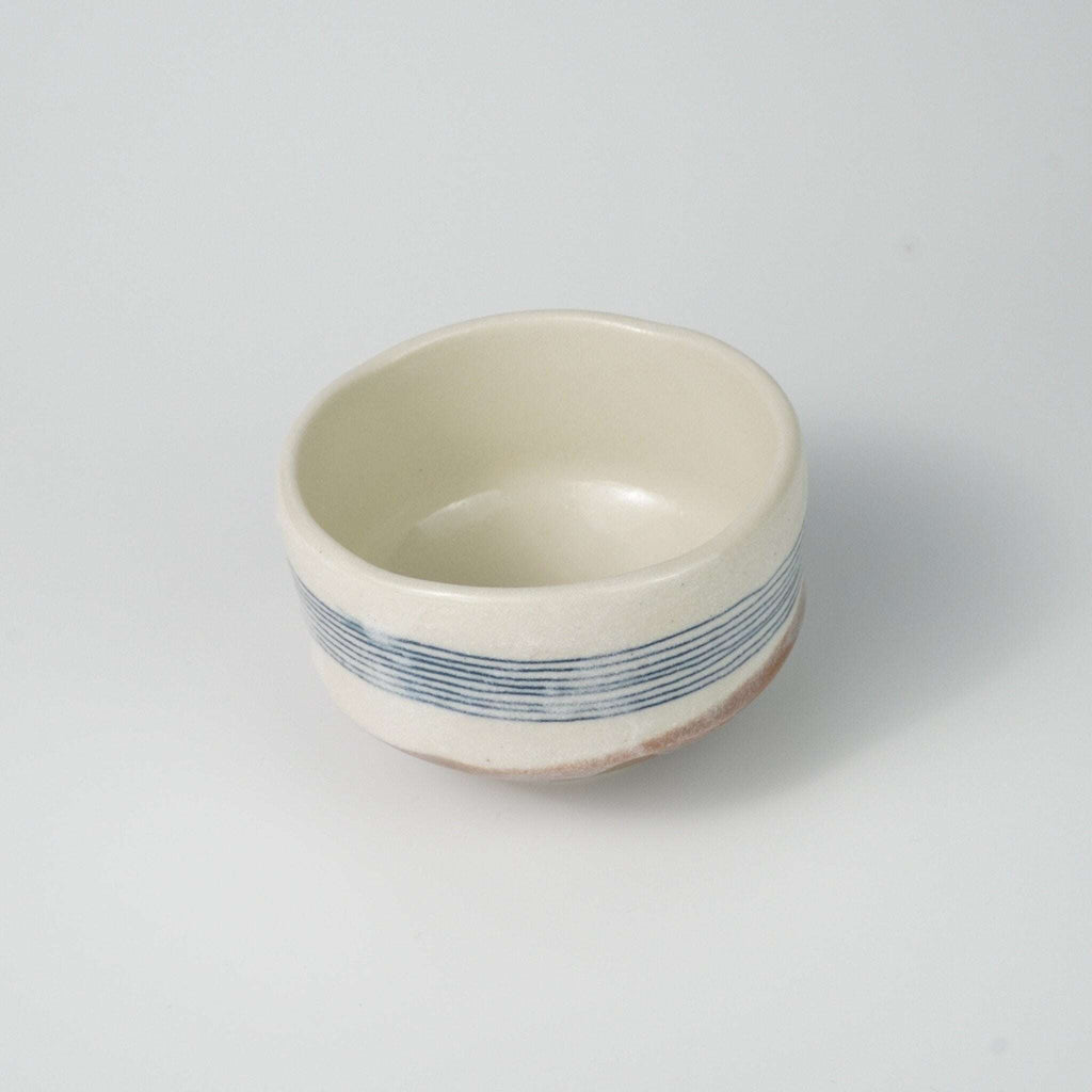 Mini Chawan with Blue Stripe Design — Matcha Tea Bowl Yamada Chaya
