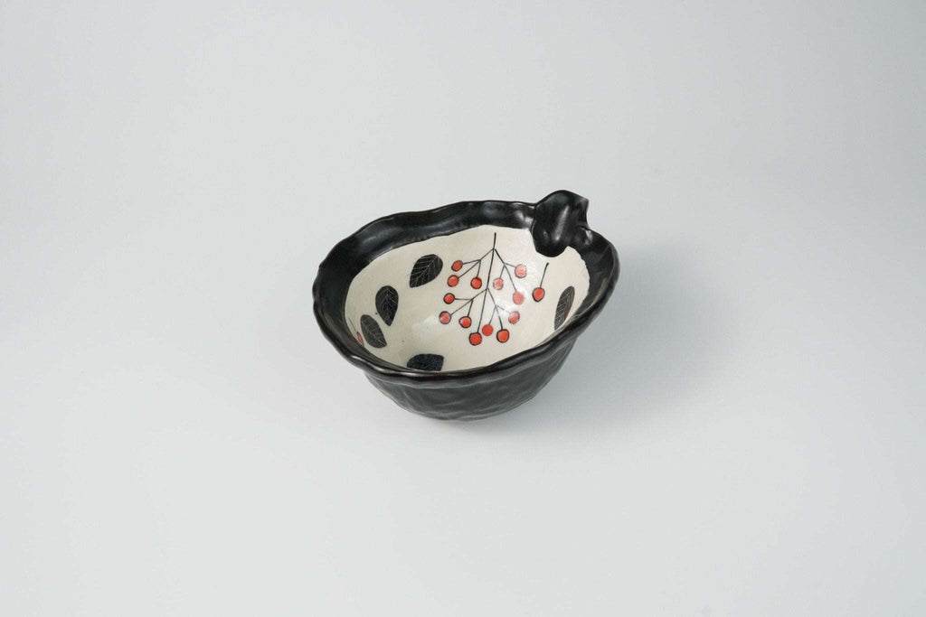 Oribe Katakuchi Bowl with Hand Painted Leaf & Berry Design — Matcha Tea Bowl Yamada Chaya